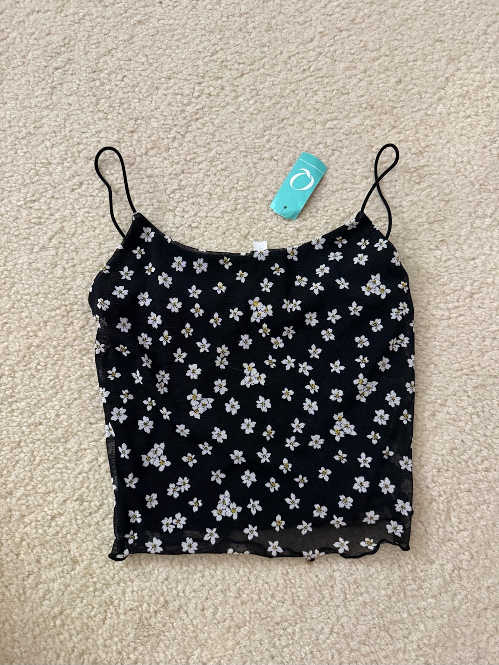 Floral Mesh Cami Tank Top - Black with White Flowers